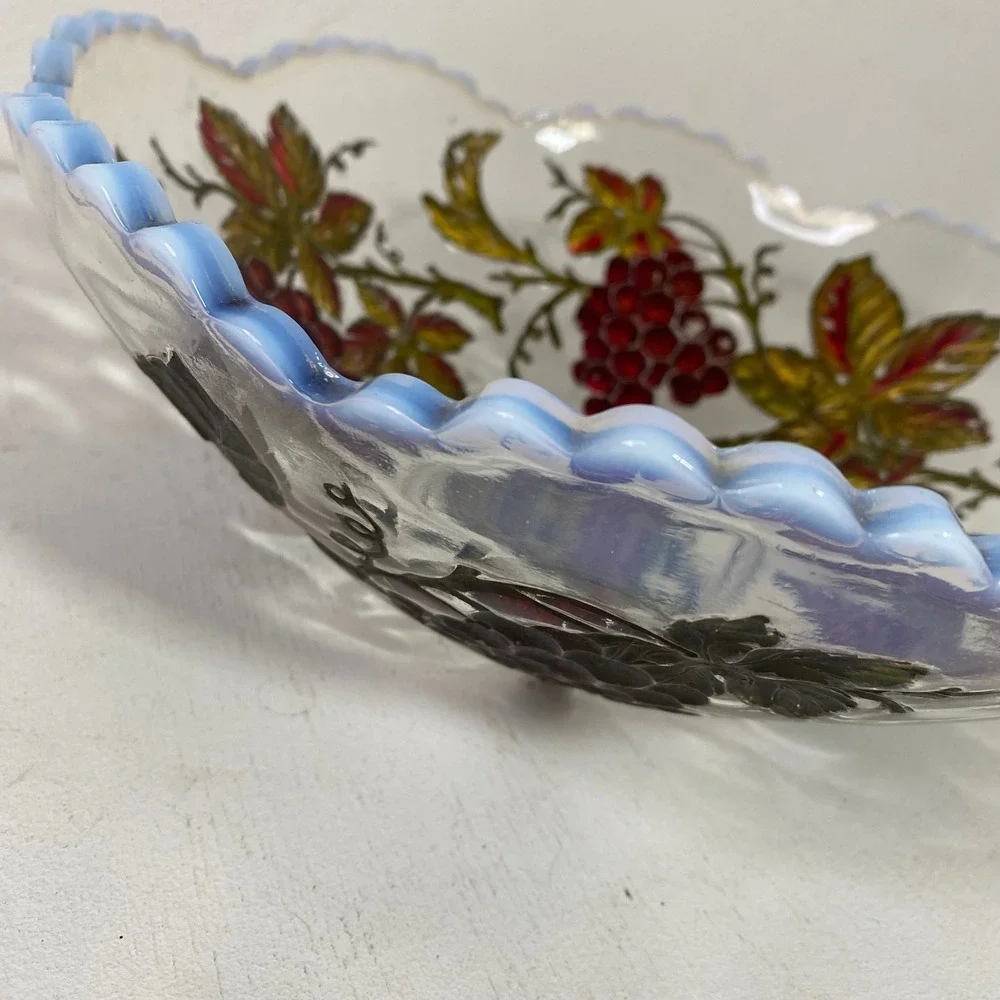 Vintage Dugan Goofus Painted Grape Glass Bowl Milk Glass Scalloped Edge 11
